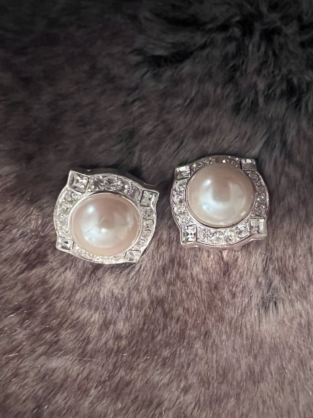 1980s Vendome clip-on earrings a faux pearl surrounded by clear crystals